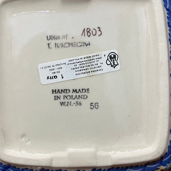 Polish Stoneware Pottery Ceramic UNIKAT Square 1803 Blue Floral Nakoneczna Baker - Picture 5 of 8